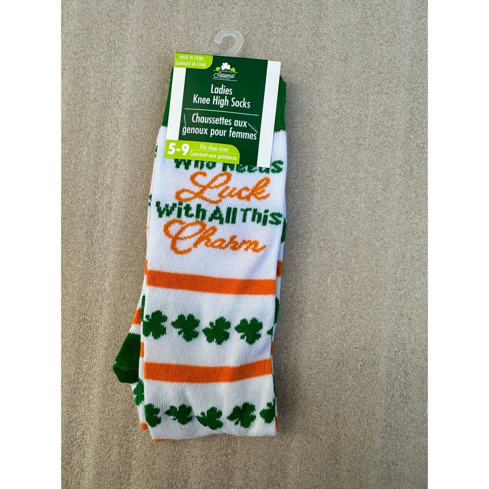 NWT St. Patrick’s Day Knee High Socks – “Luck With All This Charm” – Size 5–9
